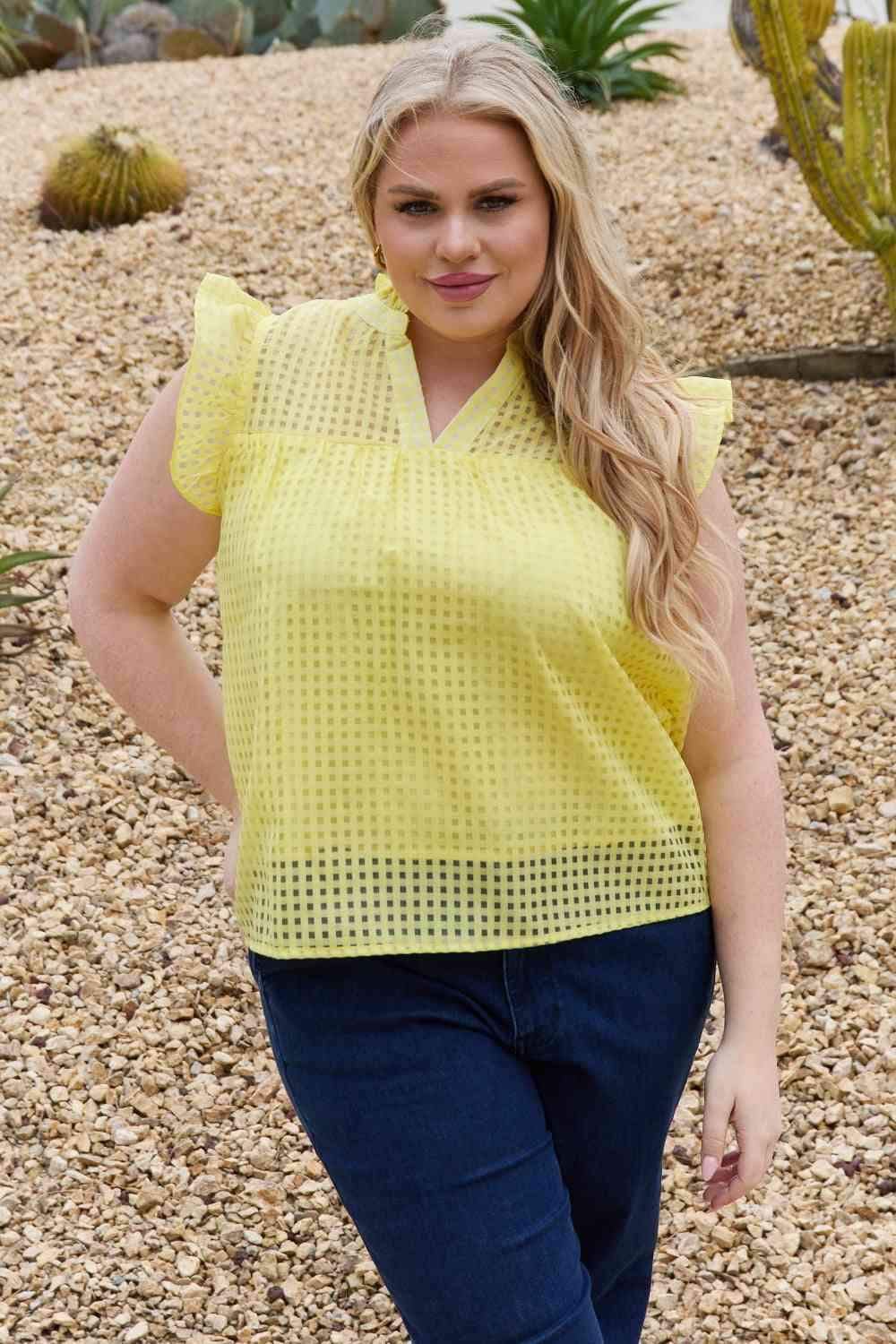 And The Why Full Size Ruffle Sleeve Grid Babydoll Top Banana Yellow Blouses - Tophatter Daily Deals