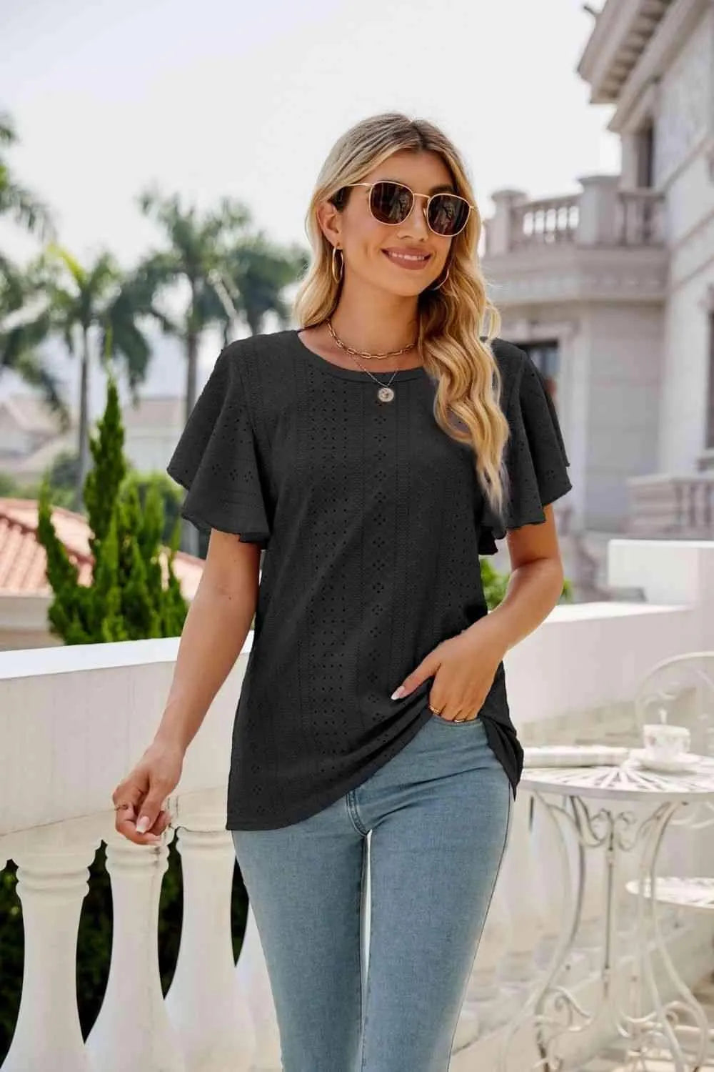 Eyelet Flutter Sleeve Round Neck Top Blouses - Tophatter Daily Deals