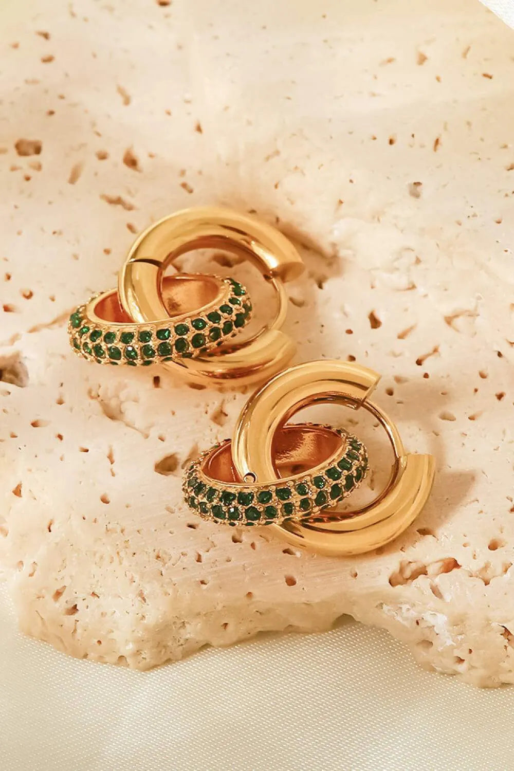 18K Gold-Plated Inlaid Zircon Double-Hoop Earrings Gold Green One Size Earrings - Tophatter Daily Deals