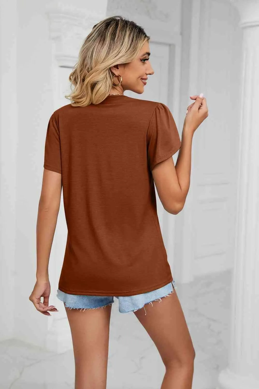 Contrast Trim Petal Sleeve V-Neck Top Blouses - Tophatter Daily Deals