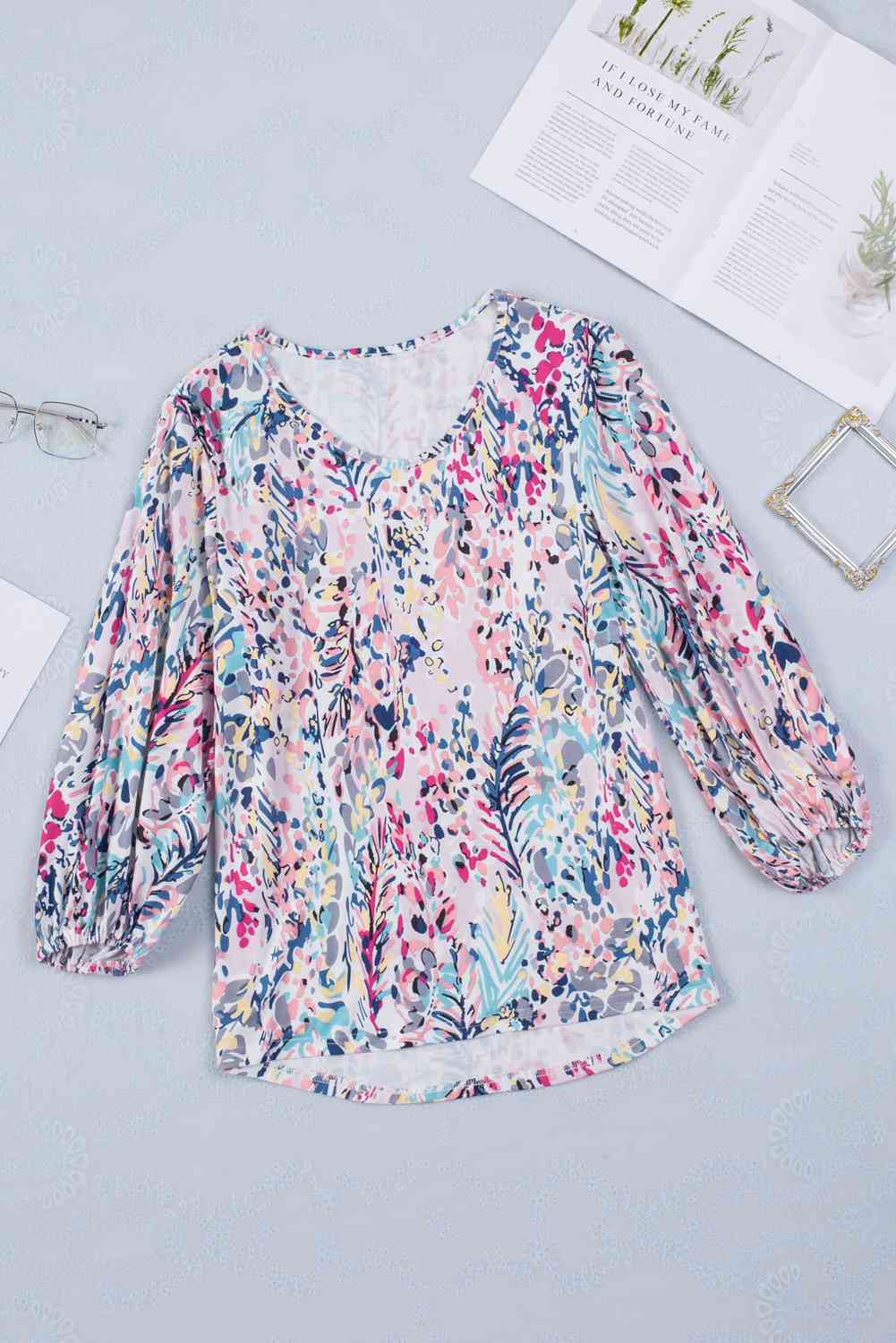 Printed Round Neck Balloon Sleeve Blouse - Tophatter Deals