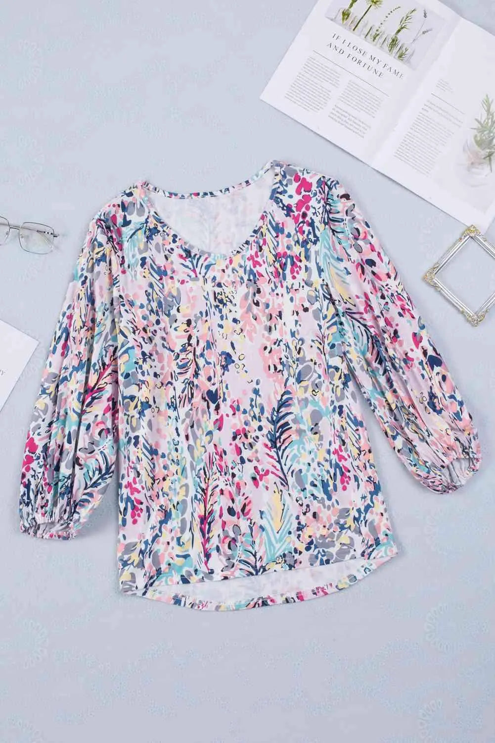 Printed Round Neck Balloon Sleeve Blouse Blouses - Tophatter Daily Deals