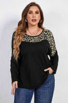 Melo Apparel Plus Size Leopard Trim Round Neck Long Sleeve Tee Women's T-Shirts - Tophatter Daily Deals