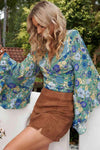 Floral Bell Sleeve Surplice Cropped Blouse Blouses - Tophatter Daily Deals