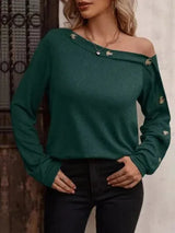Decorative Button One Shoulder T-Shirt Green Women's T-Shirts - Tophatter Daily Deals