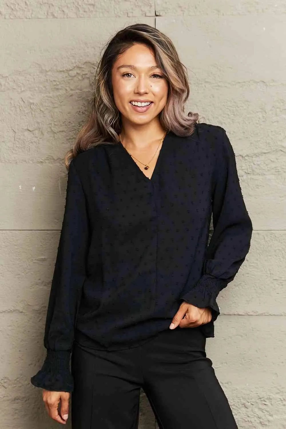Swiss Dot V-Neck Flounce Sleeve Blouse Black Blouses - Tophatter Daily Deals
