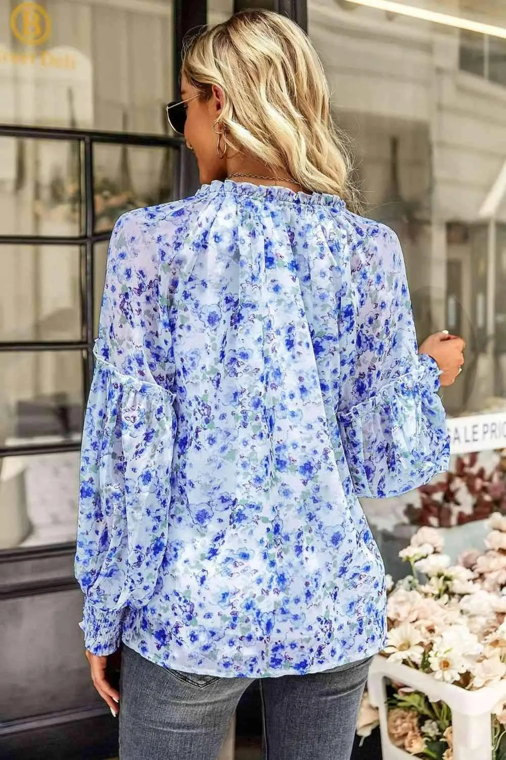 Floral Tie Neck Lantern Sleeve Blouse Blouses - Tophatter Daily Deals