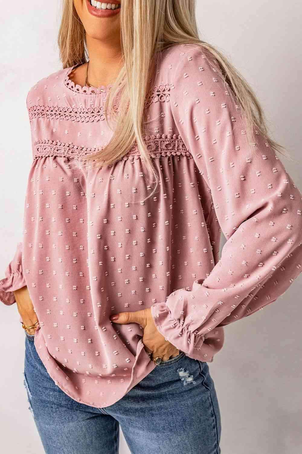 Swiss Dot Flounce Sleeve Button Detail Blouse Blouses - Tophatter Daily Deals