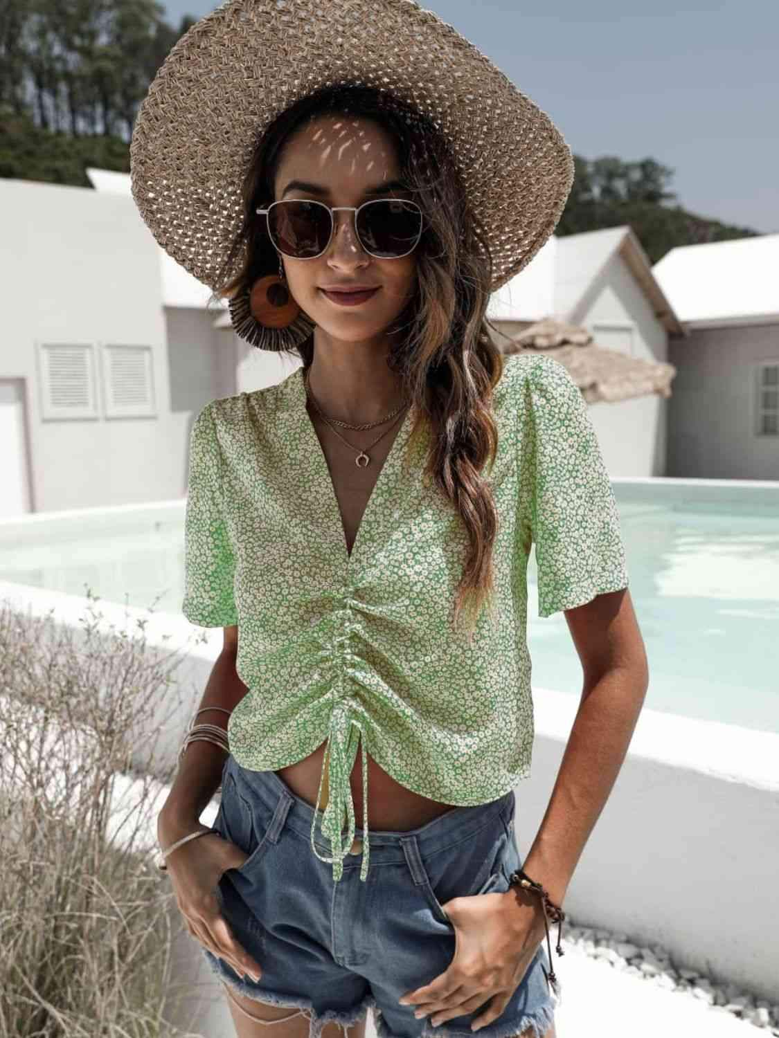 Floral Drawstring Deep V Cropped Blouse Blouses - Tophatter Daily Deals