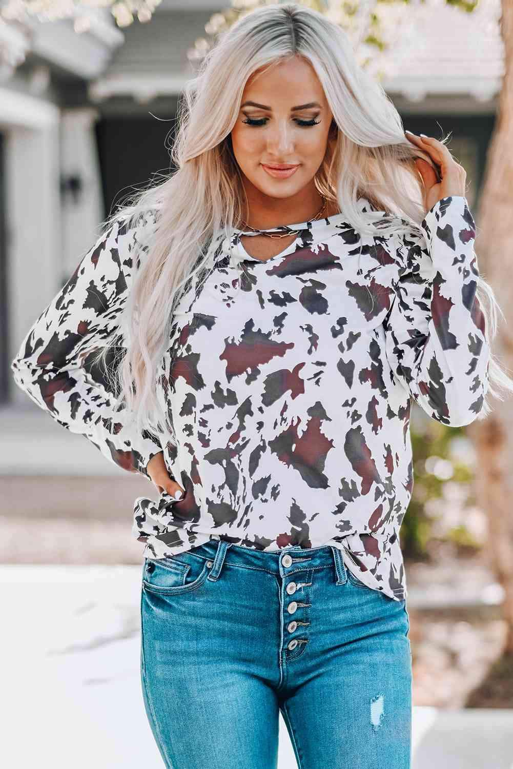 Cow Print Keyhole Long Sleeve Top White Blouses - Tophatter Daily Deals