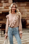 Ruffled Round Neck Long Sleeve Top Tan Blouses - Tophatter Daily Deals