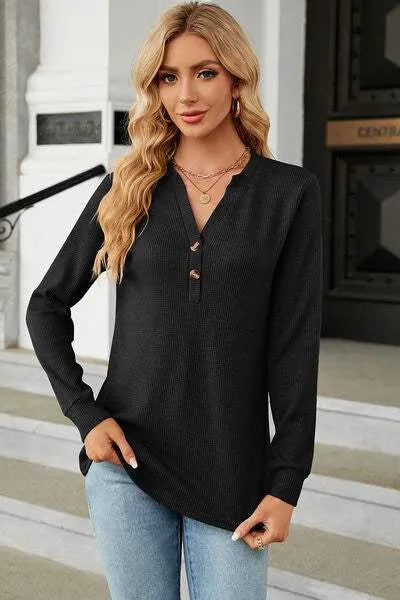 Waffle-Knit Notched Long Sleeve T-Shirt Black Women's T-Shirts - Tophatter Daily Deals