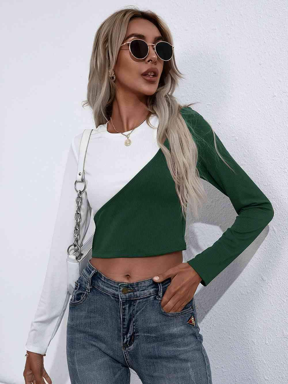 Cropped Contrast Color Round Neck Short Sleeve Tee Green Women's T-Shirts - Tophatter Daily Deals