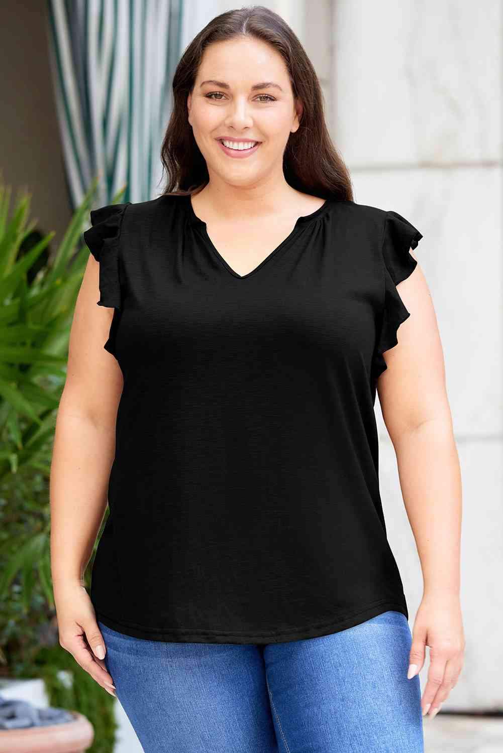 Plus Size Flutter Sleeve Notched Blouse Black Blouses - Tophatter Daily Deals