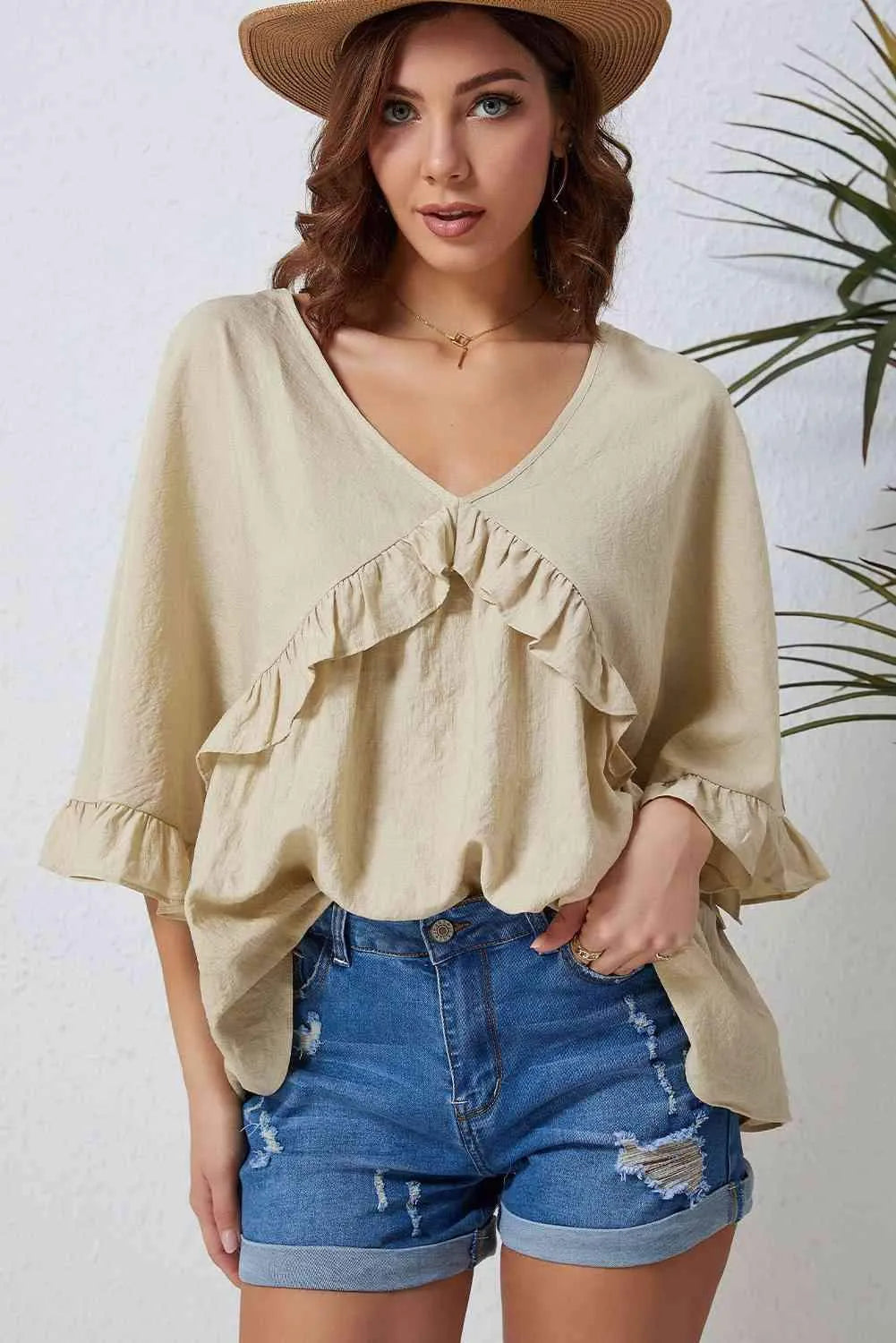 Double Take Ruffled V-Neck Half Sleeve Blouse Blouses - Tophatter Daily Deals