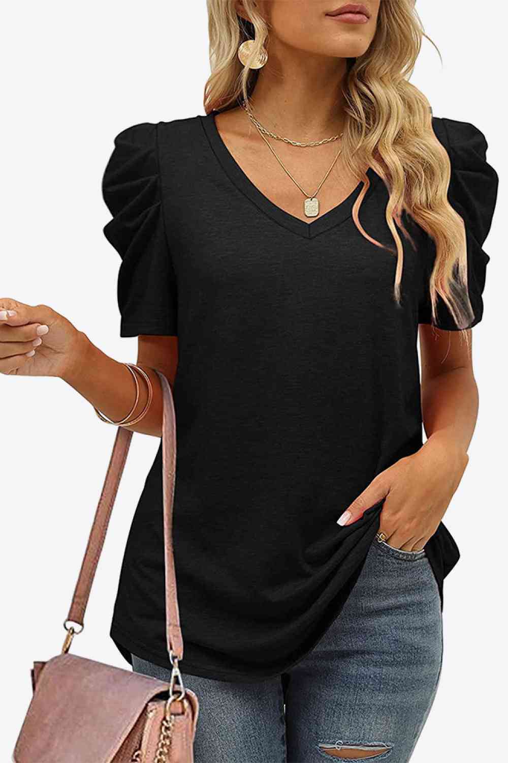 V-Neck Puff Sleeve Tee Black Women's T-Shirts - Tophatter Daily Deals