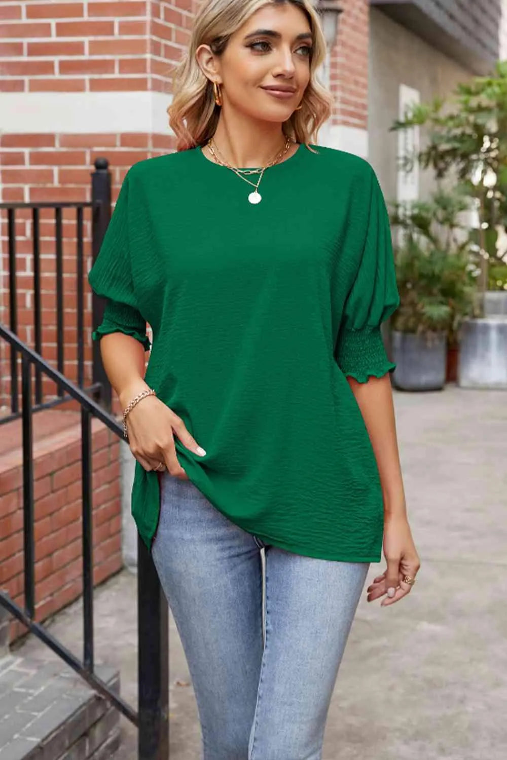 Round Neck Smocked Lantern Sleeve Blouse Blouses - Tophatter Daily Deals