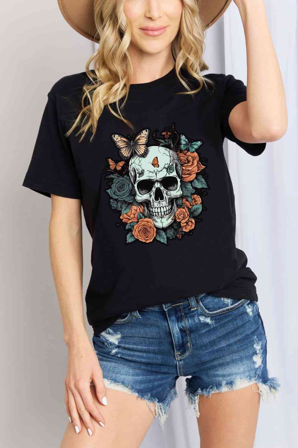 Simply Love Simply Love Full Size Skull Graphic Cotton T-Shirt Black Women's T-Shirts - Tophatter Daily Deals