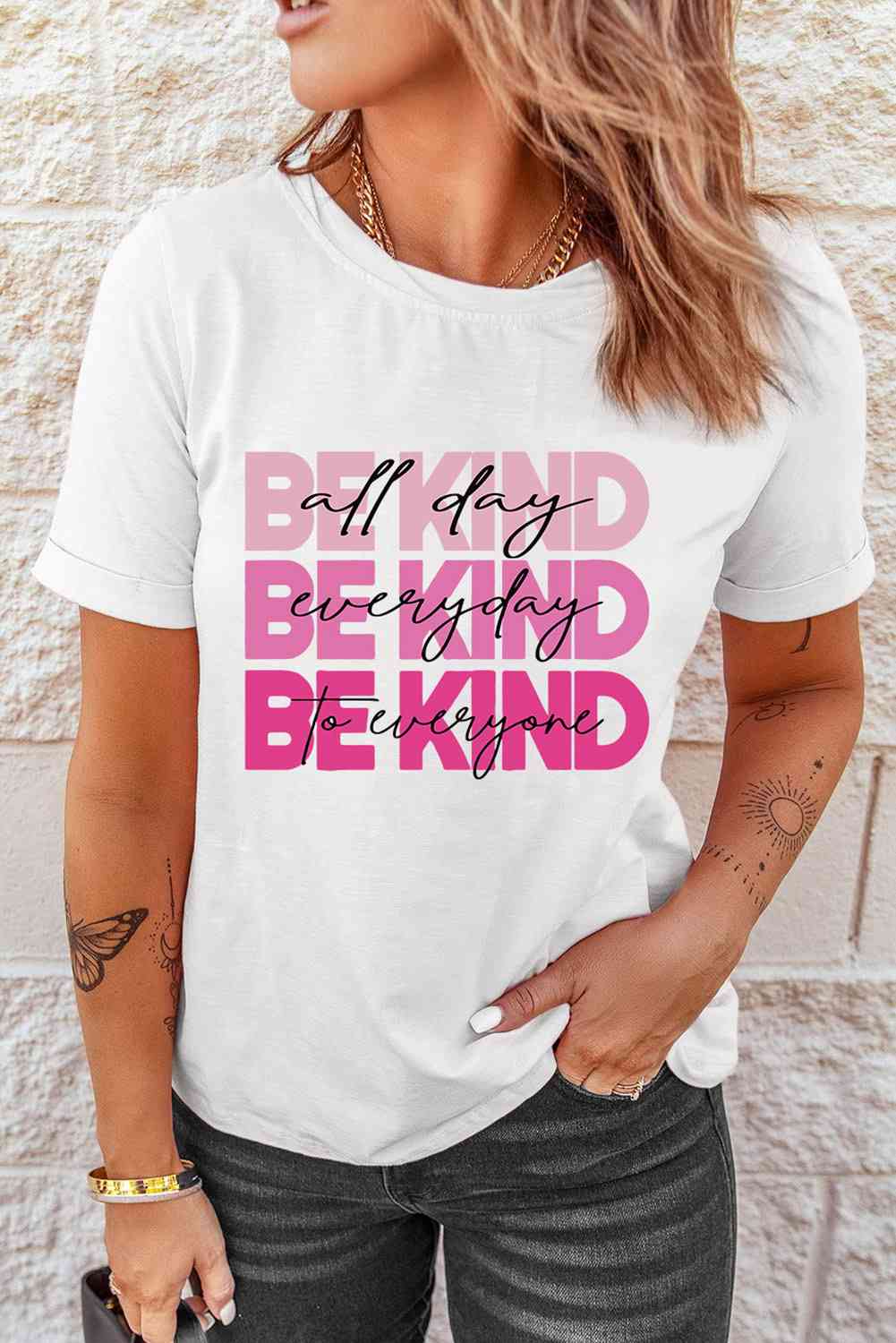 Slogan Graphic Round Neck Short Sleeve Tee Women's T-Shirts - Tophatter Daily Deals