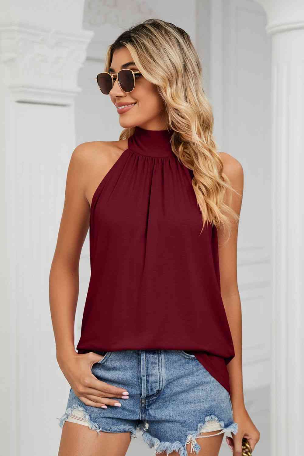 Gathered Detail Tied Sleeveless Top - Tophatter Deals