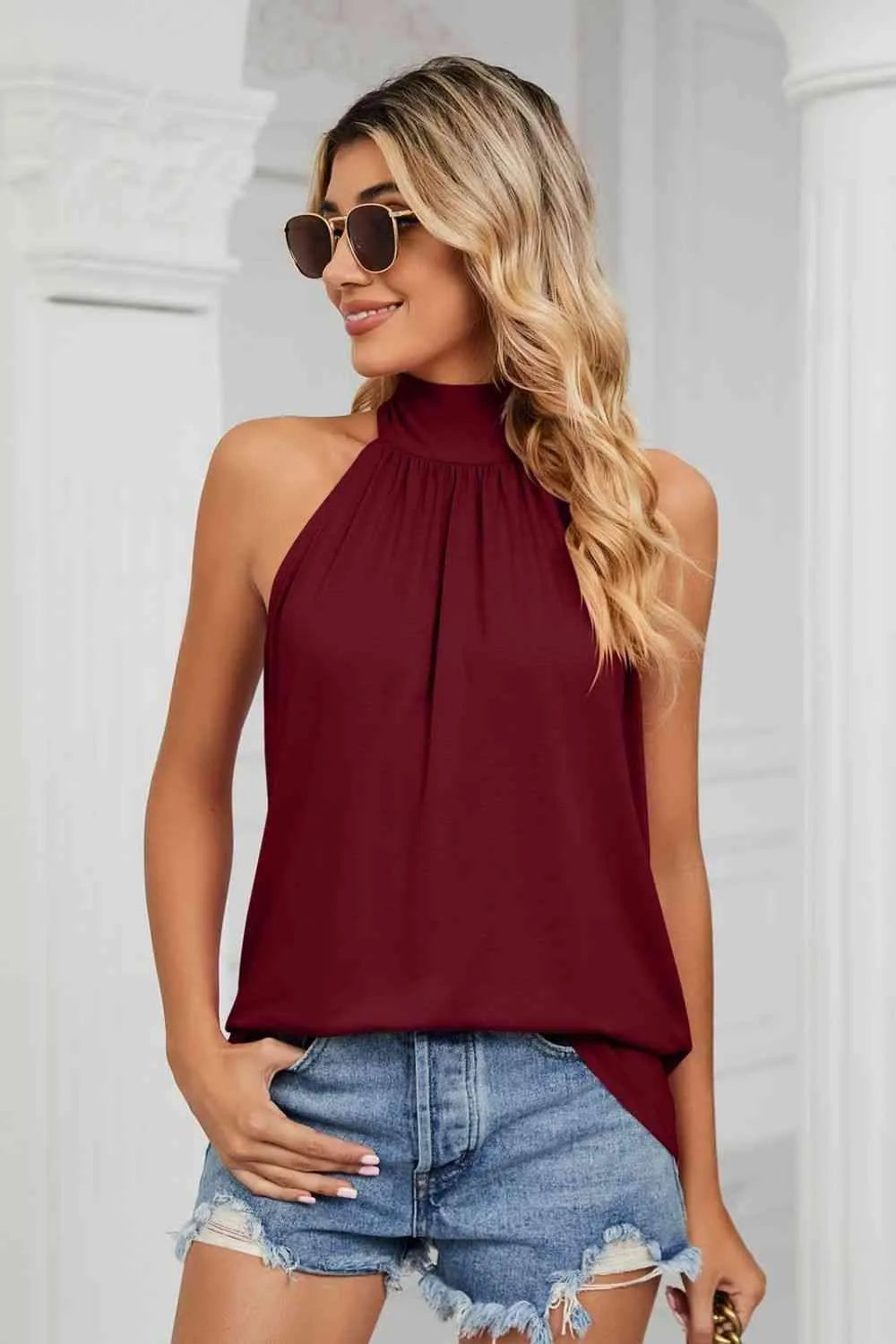 Gathered Detail Tied Sleeveless Top Blouses - Tophatter Daily Deals