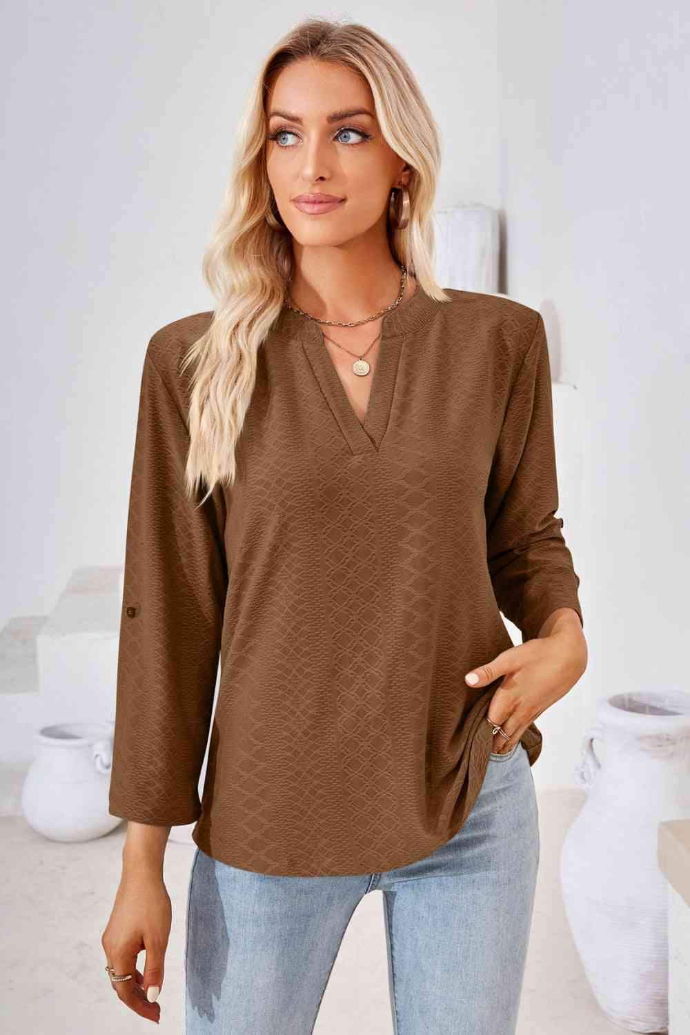 V-Neck Roll-Tap Sleeve Blouse Chestnut Blouses - Tophatter Daily Deals