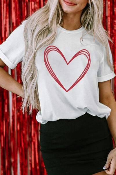 Heart Round Neck Short Sleeve T-Shirt White Women's T-Shirts - Tophatter Daily Deals