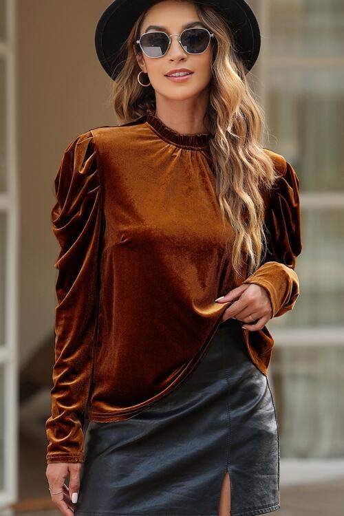 Round Neck Puff Sleeve Velvet Blouse Chestnut Blouses - Tophatter Daily Deals