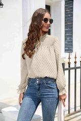 Smocked Mock Neck Swiss Dot Top Blouses - Tophatter Daily Deals