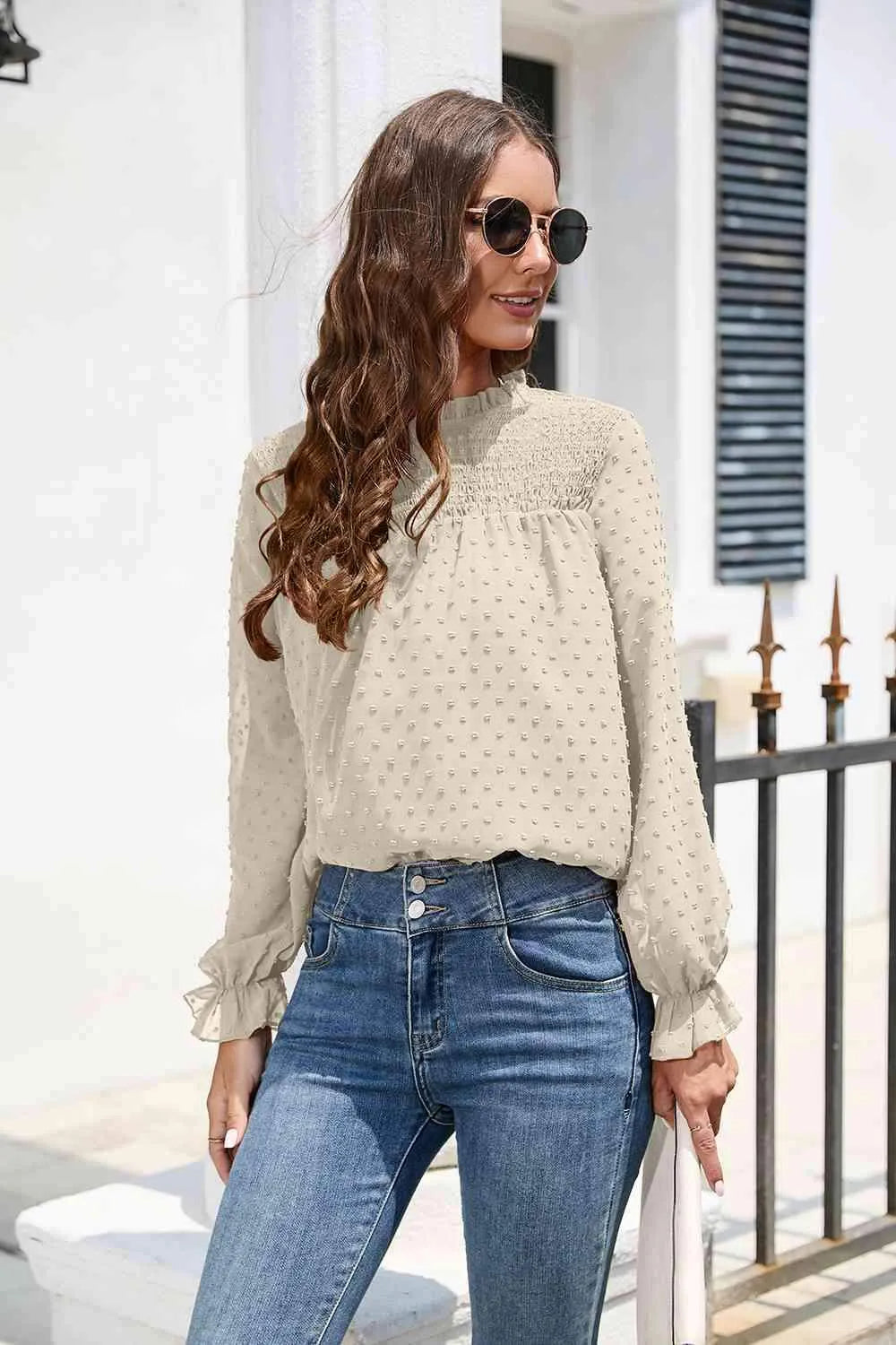 Smocked Mock Neck Swiss Dot Top Blouses - Tophatter Daily Deals