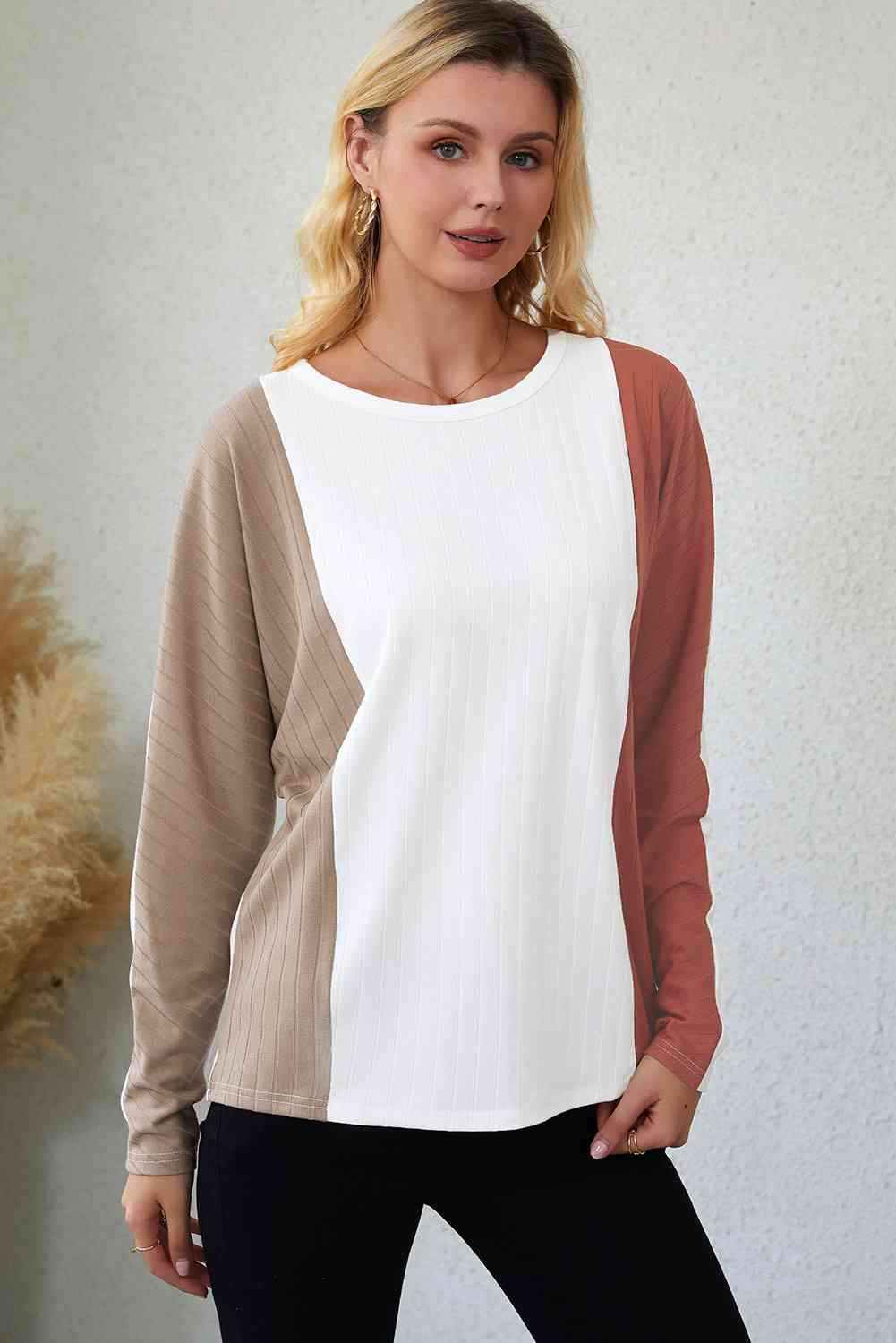 Color Block Long Sleeve T-Shirt Khaki Women's T-Shirts - Tophatter Daily Deals