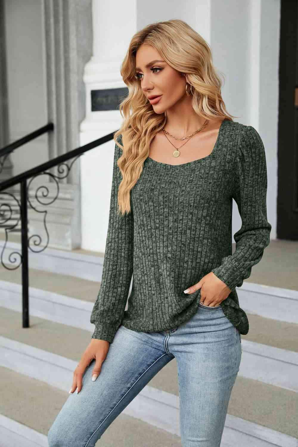 Ribbed Square Neck Long Sleeve T-Shirt Women's T-Shirts - Tophatter Daily Deals