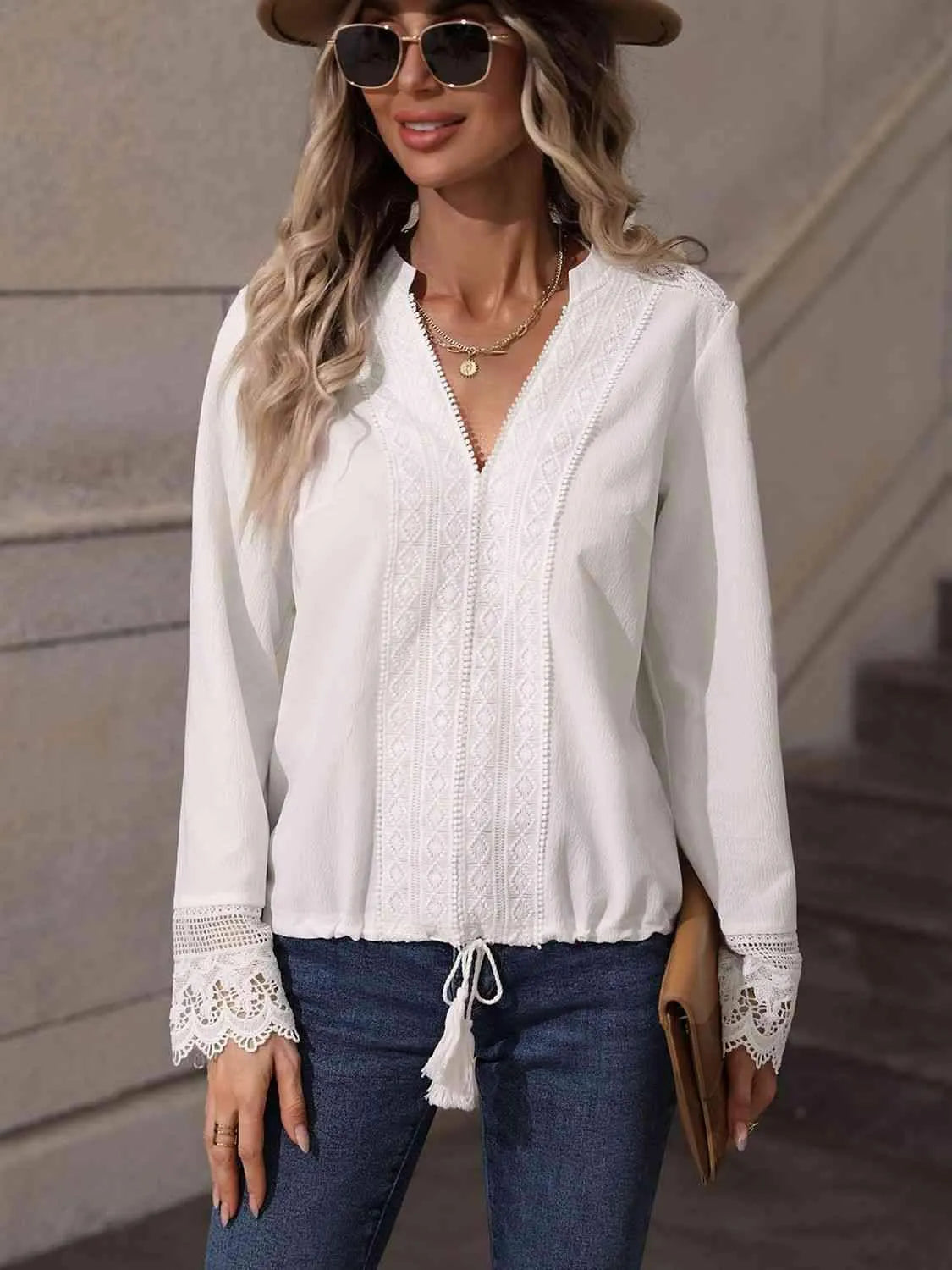 V-Neck Long Sleeve Lace Trim Blouse Blouses - Tophatter Daily Deals