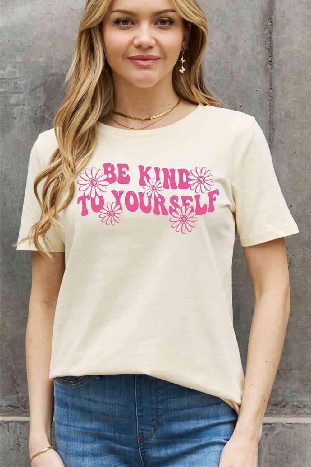 Simply Love Full Size BE KIND TO YOURSELF Flower Graphic Cotton Tee Women's T-Shirts - Tophatter Daily Deals