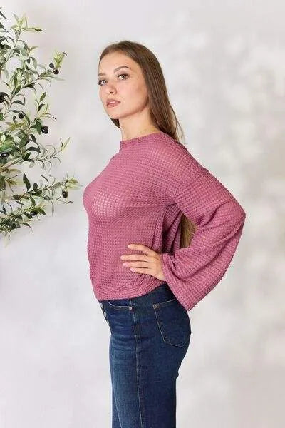 Culture Code Full Size Waffle-Knit Round Neck Long Sleeve Blouse Blouses - Tophatter Daily Deals