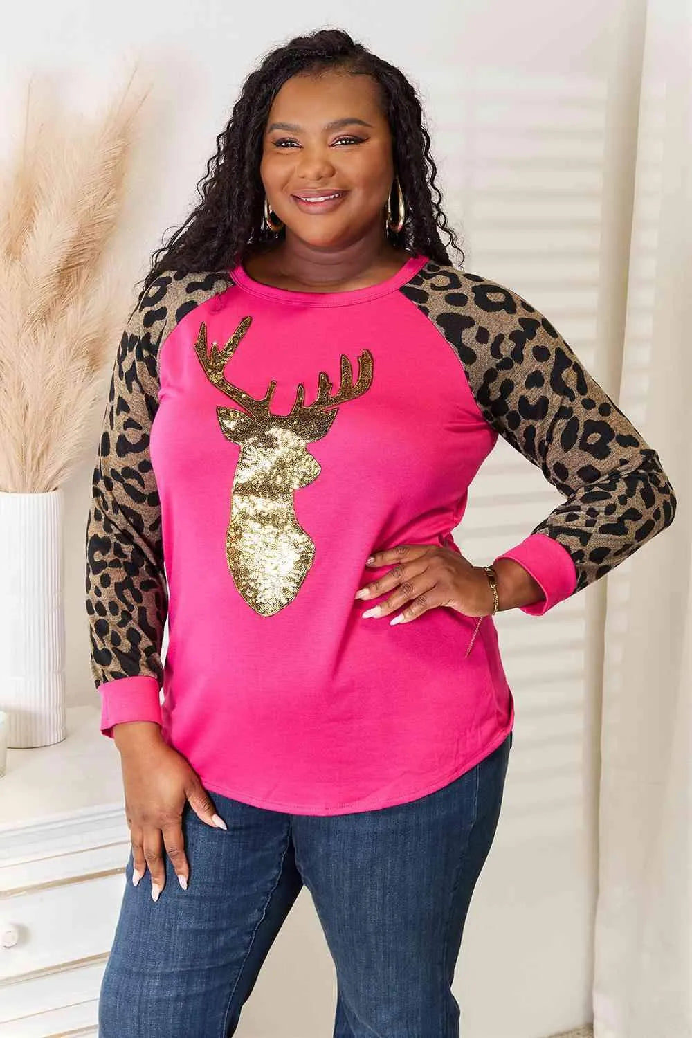Heimish Full Size Animal Print Reindeer Top Blouses - Tophatter Daily Deals