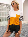 Striped Color Block Round Neck Tee Tangerine Women's T-Shirts - Tophatter Daily Deals