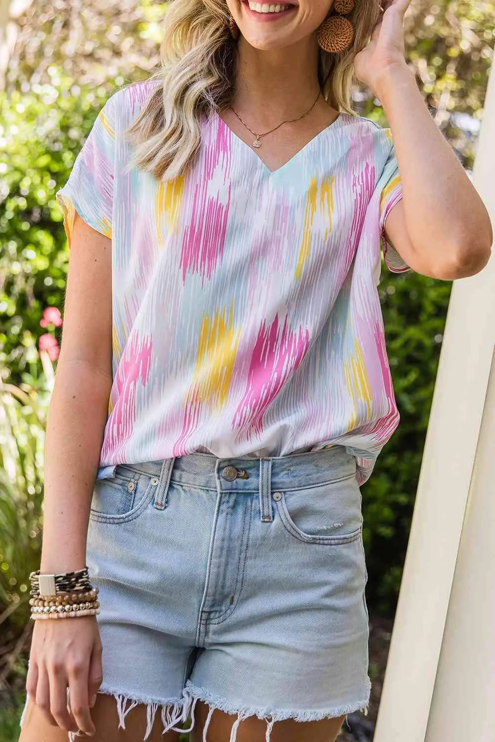 High-Low V-Neck Short Sleeve Blouse Blouses - Tophatter Daily Deals