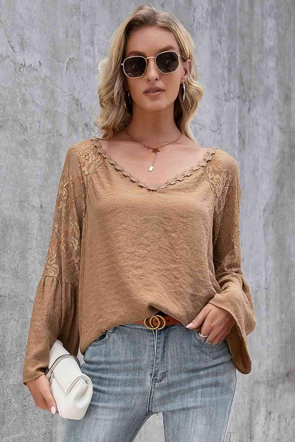 V-Neck Spliced Lace Flare Sleeve Top Camel Blouses - Tophatter Daily Deals