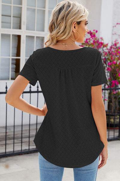 Eyelet Quarter Button Short Sleeve T-Shirt Women's T-Shirts - Tophatter Daily Deals