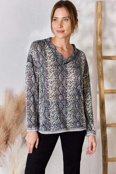 Hailey & Co Full Size Snakeskin V-Neck Long Sleeve Top Blouses - Tophatter Daily Deals