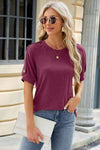 Round Neck Buttoned Short Sleeve T-Shirt Wine Women's T-Shirts - Tophatter Daily Deals