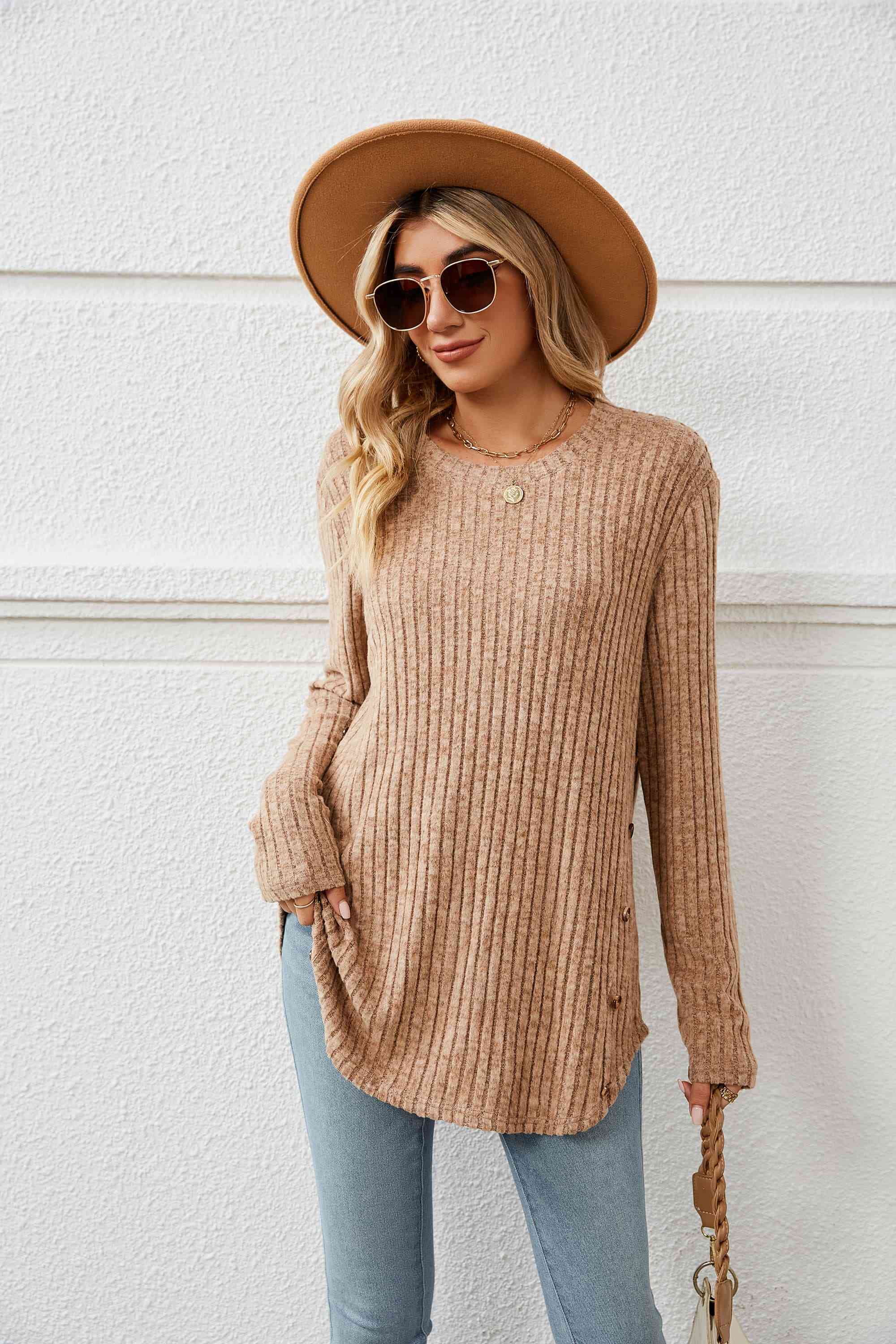 Round Neck Ribbed Long Sleeve T-Shirt Tan Women's T-Shirts - Tophatter Daily Deals