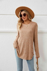 Round Neck Ribbed Long Sleeve T-Shirt Tan Women's T-Shirts - Tophatter Daily Deals