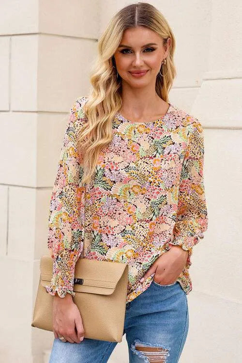 Floral Print Long Puff Sleeve Blouse Gum Leaf Blouses - Tophatter Daily Deals