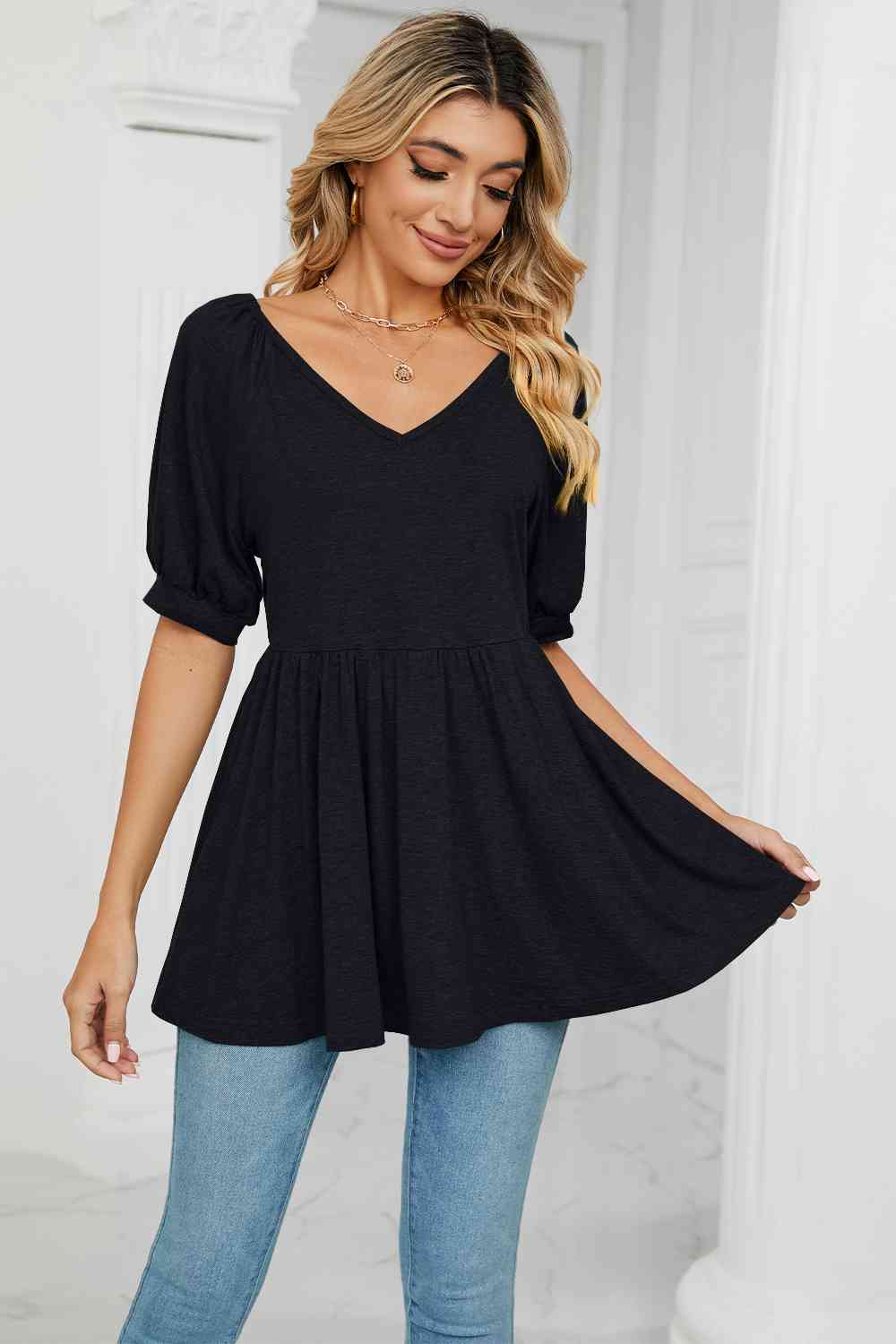 V-Neck Babydoll Top Women's T-Shirts - Tophatter Daily Deals