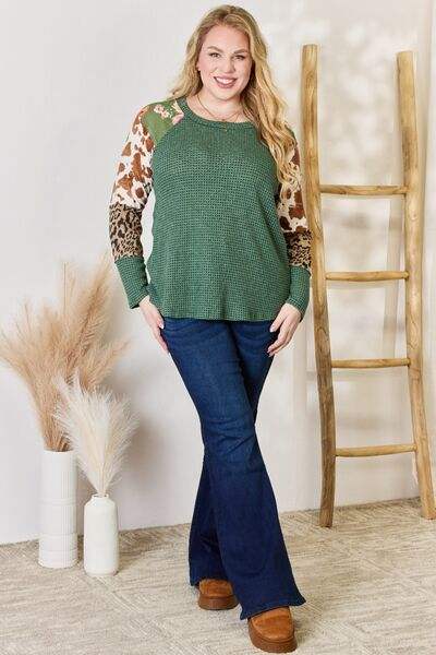 Hailey & Co Full Size Waffle-Knit Leopard Blouse Blouses - Tophatter Daily Deals