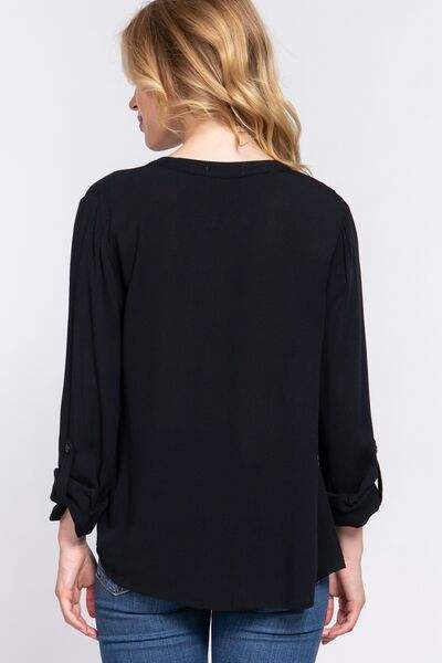 ACTIVE BASIC Full Size Notched Long Sleeve Woven Top Women's T-Shirts - Tophatter Daily Deals