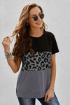 Leopard Print Color Block Short Sleeve T-Shirt Black Women's T-Shirts - Tophatter Daily Deals