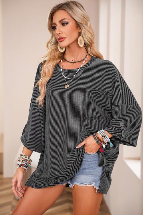 Round Neck Slit Roll-Tab Sleeve Oversize Top Women's T-Shirts - Tophatter Daily Deals